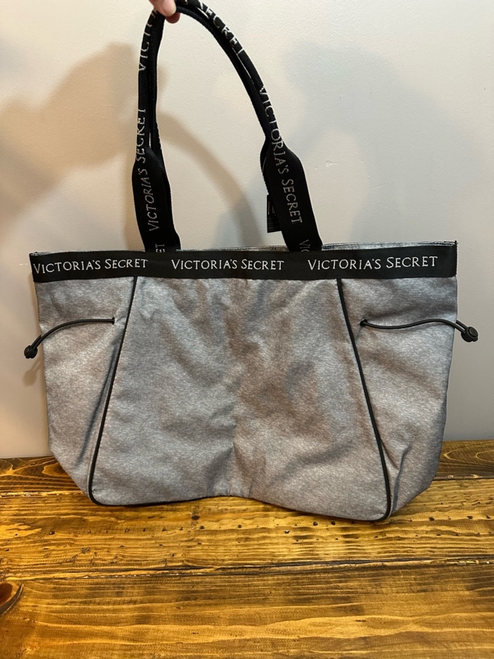 NWT Victoria Secret Tote Bag with Zipper and Adjustable Strings Grey/Black/White - Picture 2 of 8